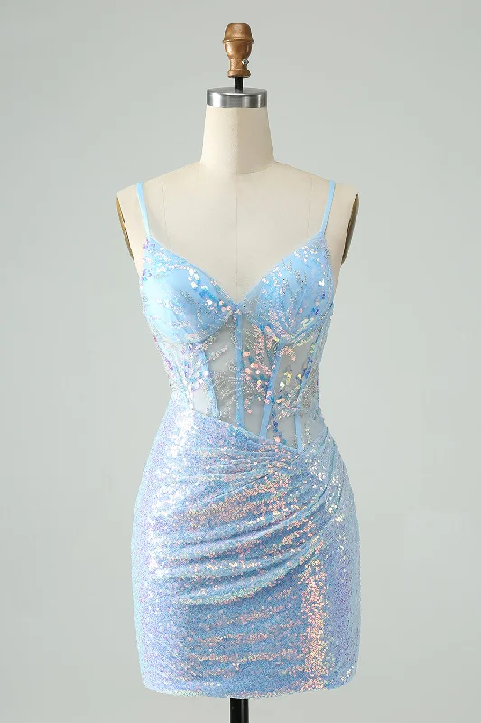 Lace - Embellished Women Dress for an Elegant and Sophisticated AppearanceLace - Embellished Women Dress for an Elegant and Sophisticated AppearanceGlitter Light Blue Tight Spaghetti Straps Short Homecoming Dress with Sequins