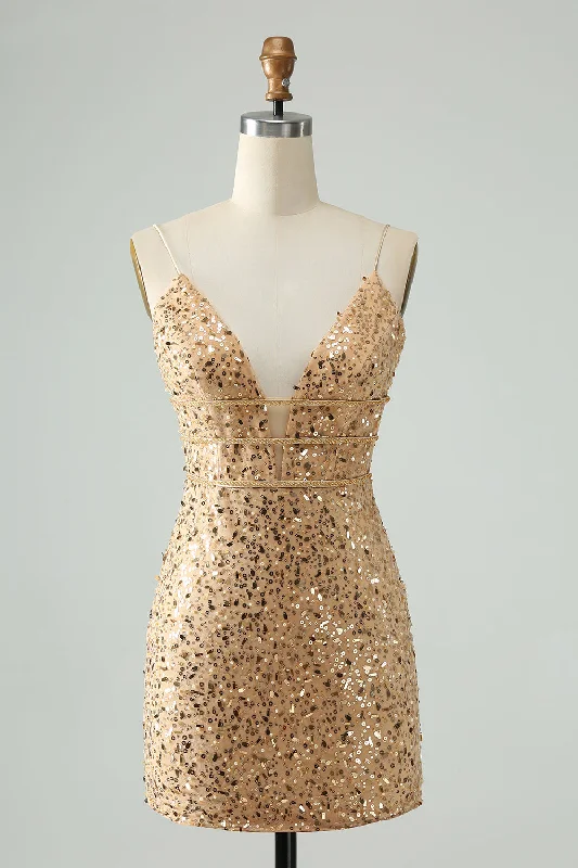 Sheath Women Dress with a Tailored Fit for a Professional LookSheath Women Dress with a Tailored Fit for a Professional LookUnique Sparkly Golden Tight Spaghetti Strap Short Homecoming Dress with Sequins