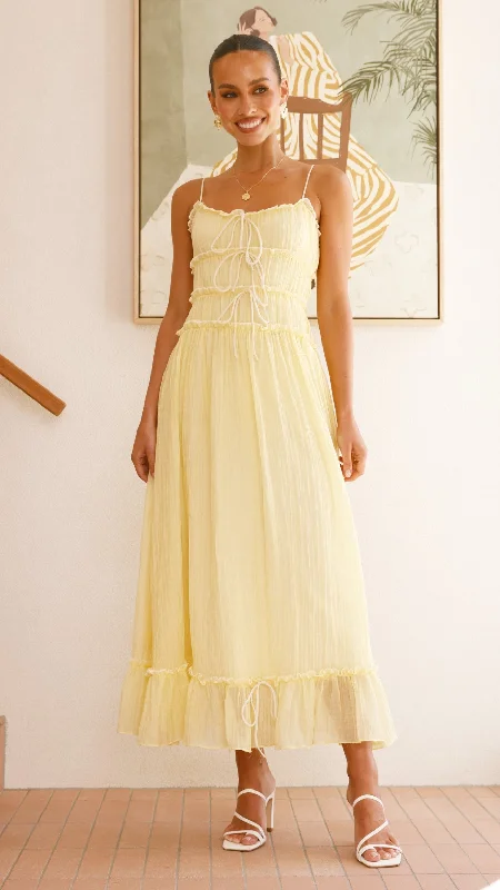 Lace - Embellished Women Dress for an Elegant and Sophisticated AppearanceLace - Embellished Women Dress for an Elegant and Sophisticated AppearanceHalo Maxi Dress - Lemon