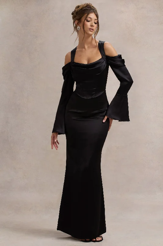 Long - Sleeve Women Dress in Velvet for a Luxurious Winter LookLong - Sleeve Women Dress in Velvet for a Luxurious Winter LookHeartthrob | Black Satin Draped Bardot Maxi Dress