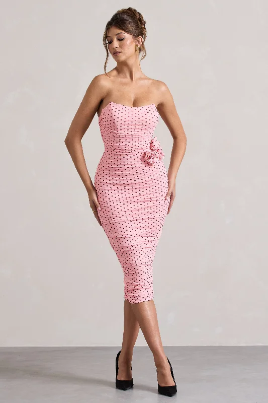 Long - Sleeve Women Dress in Velvet for a Luxurious Winter LookLong - Sleeve Women Dress in Velvet for a Luxurious Winter LookLille | Pink Polka Dot Ruched Mesh Strapless Midi Dress With Corsage