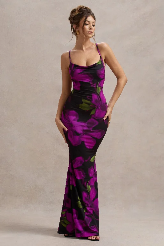 Pleated Women Dress with a Timeless and Elegant TexturePleated Women Dress with a Timeless and Elegant TextureLotus | Purple Floral Print Cowl-Neck Maxi Dress