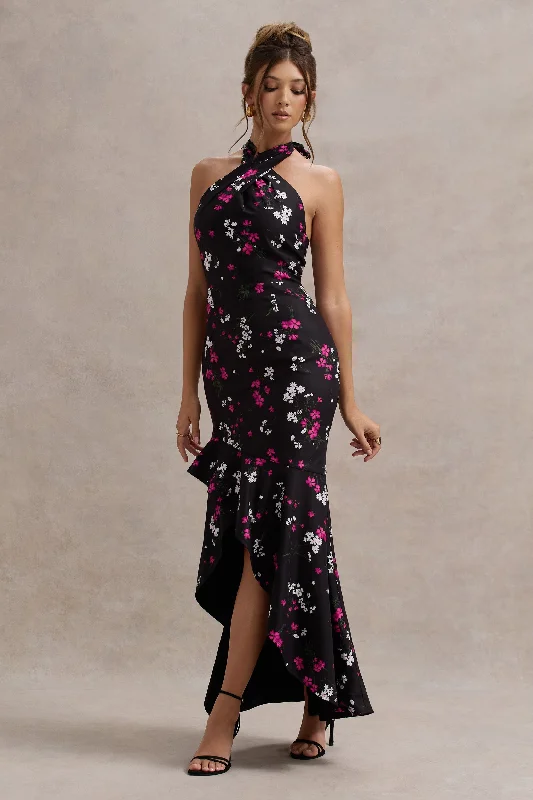 Pleated Women Dress with a Timeless and Elegant TexturePleated Women Dress with a Timeless and Elegant TextureMelodia | Black Ditsy Floral Print Satin Halter-Neck Ruffled Maxi Dress