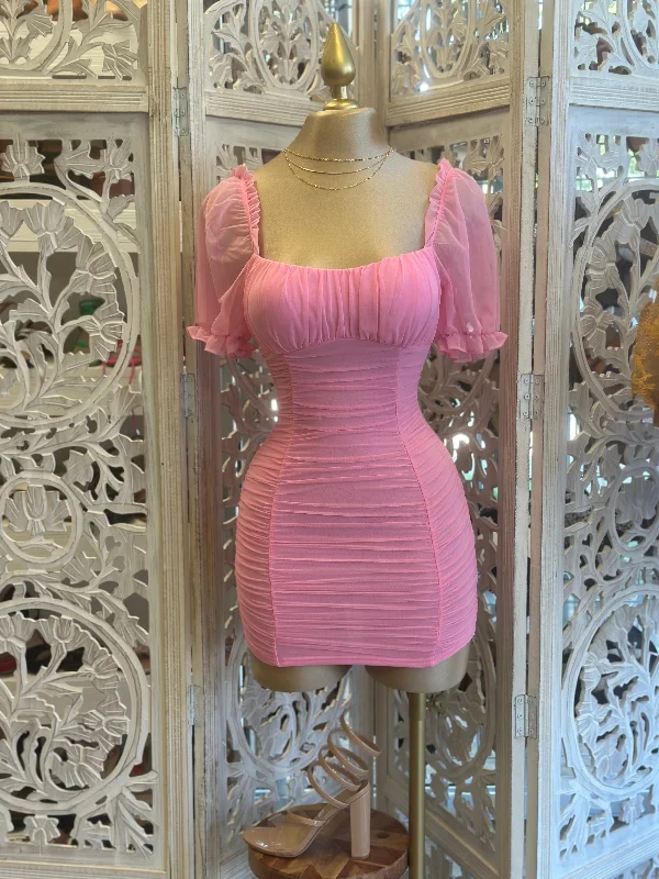 Ruffled Women Dress with Multiple Layers for a Playful and Girly StyleRuffled Women Dress with Multiple Layers for a Playful and Girly StyleMesh Sleeve Pink Mini Dress