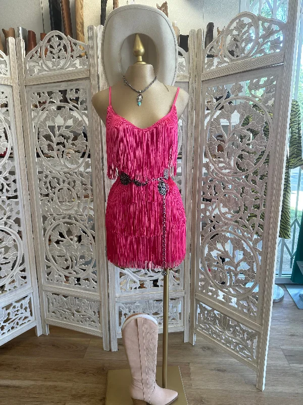 Halter Neck Women Dress to Show Off the Shoulders and NecklineHalter Neck Women Dress to Show Off the Shoulders and NecklineNeon Pink Fringe Dress