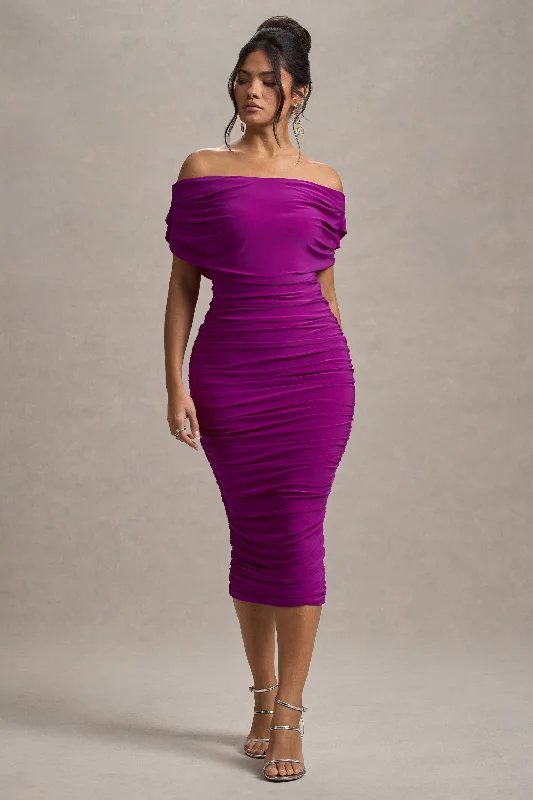 Backless Women Dress for a Sexy and Alluring Look at Evening EventsBackless Women Dress for a Sexy and Alluring Look at Evening EventsRayleigh | Dark Pink Bardot Ruched Midi Dress