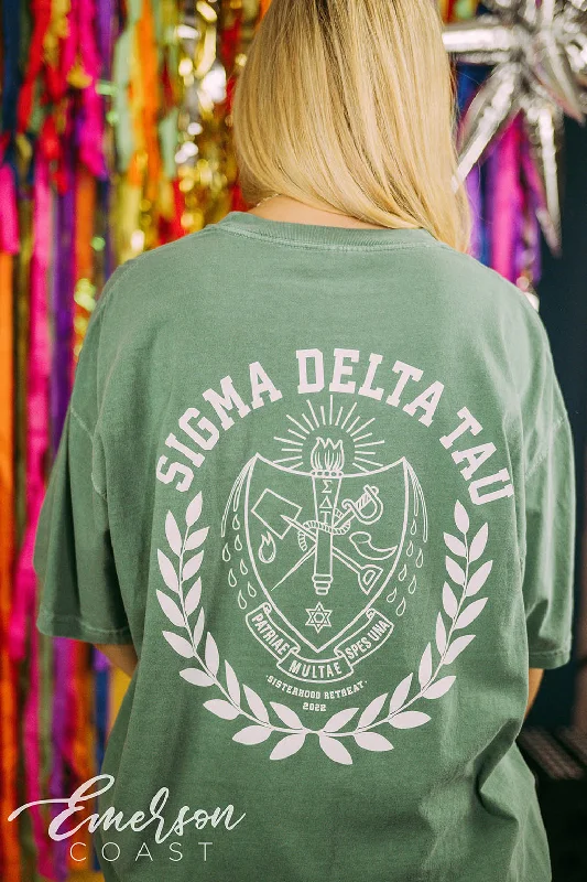 Tie - Dye Women T Shirt with a Bohemian VibeSigma Delta Tau Sisterhood Tee