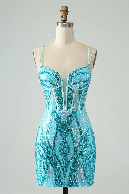 Backless Women Dress for a Sexy and Alluring Look at Evening EventsBackless Women Dress for a Sexy and Alluring Look at Evening EventsSparkly Blue Bodycon Spaghetti Straps Corset Homecoming Dress with Sequins