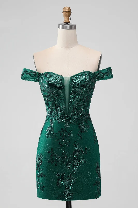 Strapless Women Dress with a Built - in Bra for Comfort and SupportStrapless Women Dress with a Built - in Bra for Comfort and SupportSparkly Dark Green Off The Shoulder Tight Short Homecoming Dress with Sequins