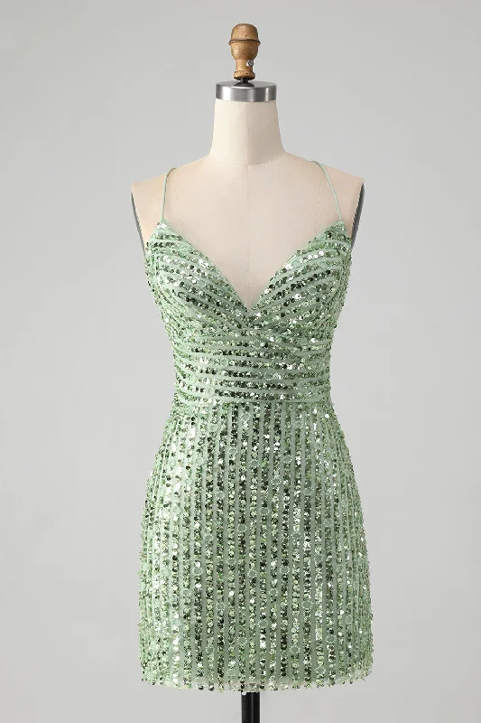 Sheath Women Dress with a Tailored Fit for a Professional LookSheath Women Dress with a Tailored Fit for a Professional LookUnique Sparkly Green Tight Sequins Short Homecoming Dress with Lace Up Back