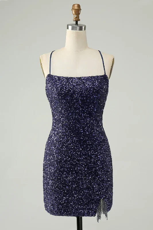 Empire Waist Women Dress to Accentuate the Bust and Conceal the WaistEmpire Waist Women Dress to Accentuate the Bust and Conceal the WaistSparkly Navy Sequins Tight Short Homecoming Dress With Fringes