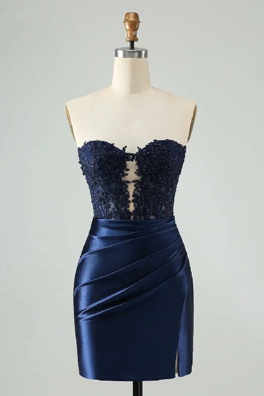 Ball Gown Women Dress with a Full Skirt for a Princess - like LookBall Gown Women Dress with a Full Skirt for a Princess - like LookUnique Sparkly Navy Bodycon Strapless Hollow Out Homecoming Dress with Lace