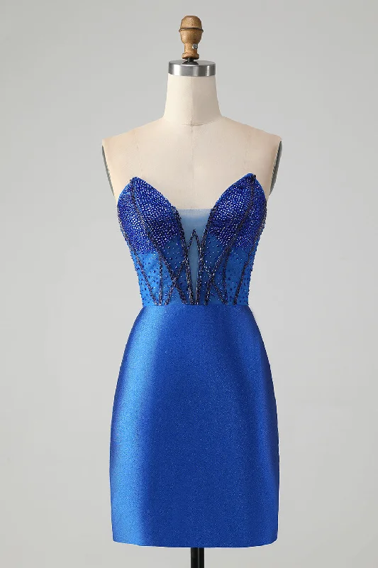 Mermaid - Style Women Dress with a Fitted Silhouette for Special OccasionsMermaid - Style Women Dress with a Fitted Silhouette for Special OccasionsSparkly Royal Blue Tight Strapless Short Homecoming Dress with Beading