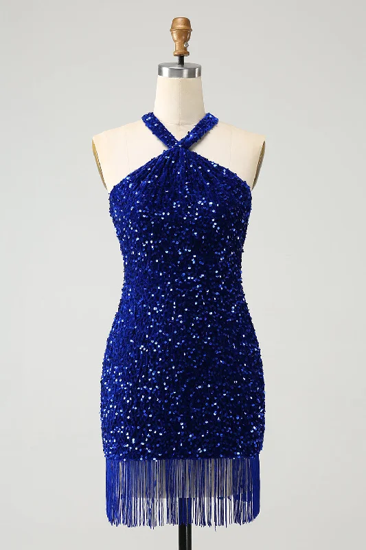 Pleated Women Dress with a Timeless and Elegant TexturePleated Women Dress with a Timeless and Elegant TextureSparkly Royal Blue Bodycon Halter Sequin Short Homecoming Dress with Tassel