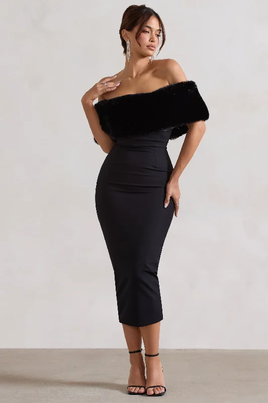 Backless Women Dress for a Sexy and Alluring Look at Evening EventsBackless Women Dress for a Sexy and Alluring Look at Evening EventsZia | Black Bardot Midi Dress With Fur Trim