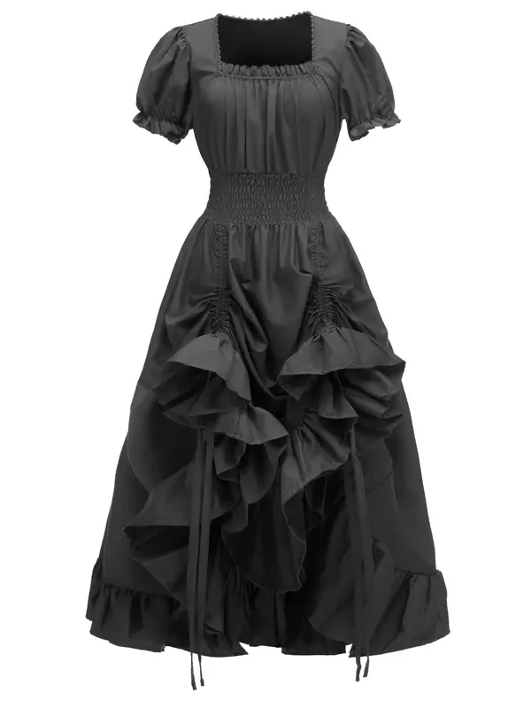 Empire Waist Women Dress to Accentuate the Bust and Conceal the Waist1930s Square Neck Wrinkles Puff Sleeves Dress