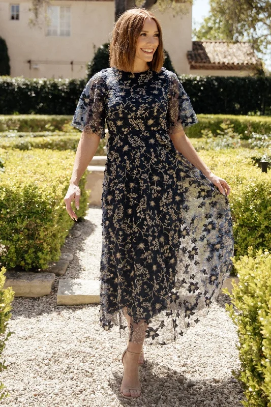 Pleated Women Dress with a Timeless and Elegant TexturePleated Women Dress with a Timeless and Elegant TextureArabella Embroidered Tulle Maxi Dress | Navy + Gold