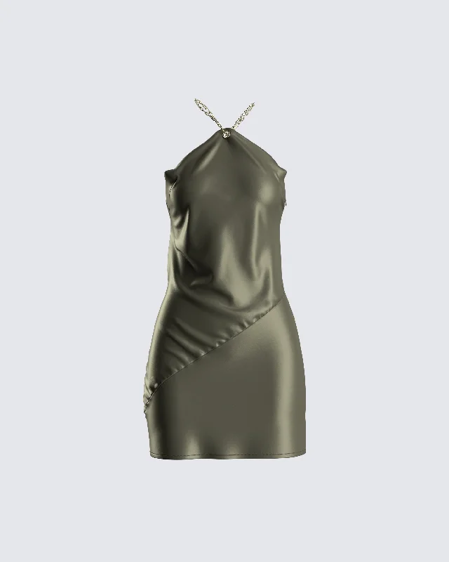 Lace - Embellished Women Dress for an Elegant and Sophisticated AppearanceLace - Embellished Women Dress for an Elegant and Sophisticated AppearanceBindi Olive Green Satin Mini Dress