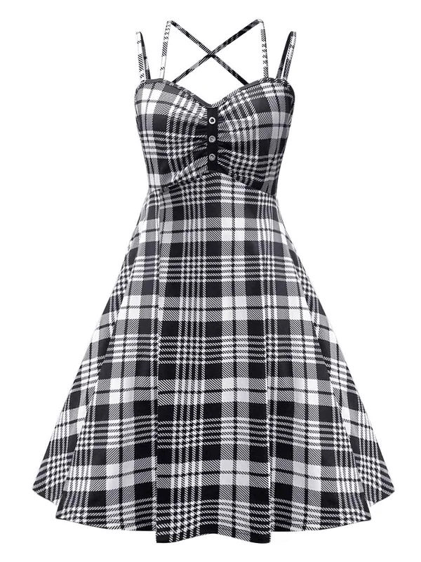 Ruffled Women Dress with Multiple Layers for a Playful and Girly StyleBlack 1950s Scottish Plaid Straps Dress