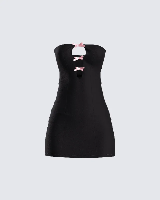 Strapless Women Dress with a Built - in Bra for Comfort and SupportStrapless Women Dress with a Built - in Bra for Comfort and SupportBodhi Black Satin Bow Mini Dress