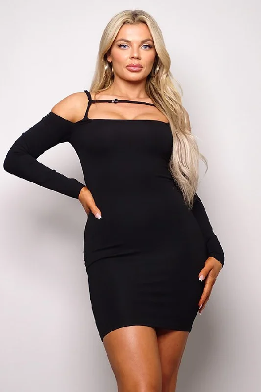 Halter Neck Women Dress to Show Off the Shoulders and NecklineLong Sleeve Cuff Front Strap Mini Dress