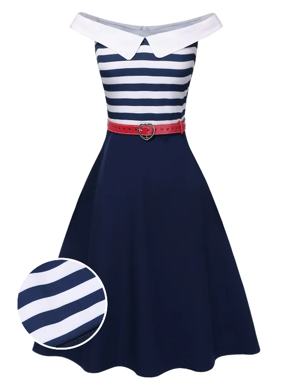 Strapless Women Dress with a Built - in Bra for Comfort and SupportDark Blue 1950s Striped Off-Shoulder Dress