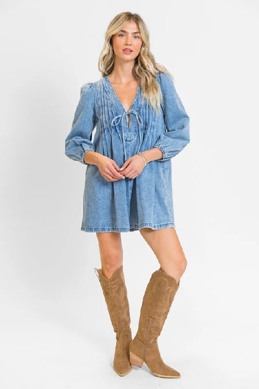 Ruffled Women Dress with Multiple Layers for a Playful and Girly StyleRuffled Women Dress with Multiple Layers for a Playful and Girly StyleDenim Darling Long Sleeve Tie Front Dress