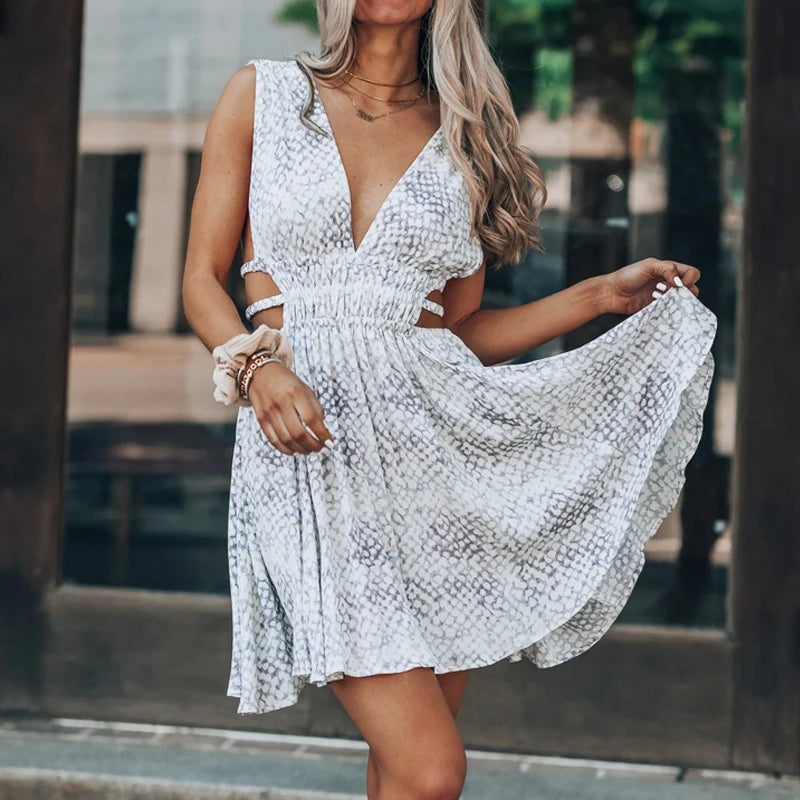 Empire Waist Women Dress to Accentuate the Bust and Conceal the WaistFashionSierra-Sexy  Deep V-neck  Mini  Robe  Hollow Waist  Sleeveless  Short  Summer  Beach Print Boho Dress