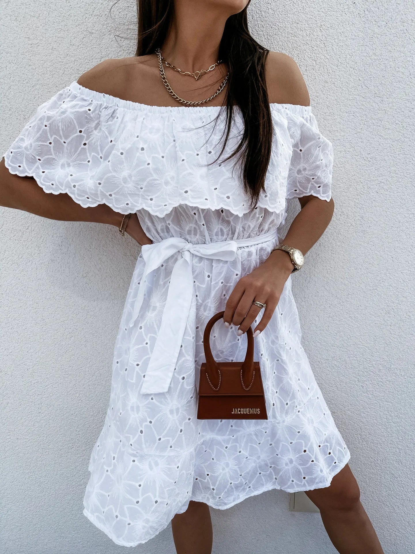 Lace - Embellished Women Dress for an Elegant and Sophisticated AppearanceFashionSierra-Sexy  Off Shoulder  Mini  White  Floral Embroidery  Lace  Casual  Short  Beach Wear  Party Boho Dress