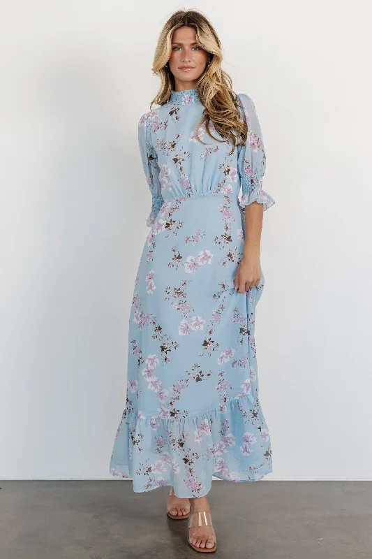 Printed Abstract Women Dress for a Modern and Artistic AppealPrinted Abstract Women Dress for a Modern and Artistic AppealMarie Mock Neck Maxi Dress | Sky Blue Floral