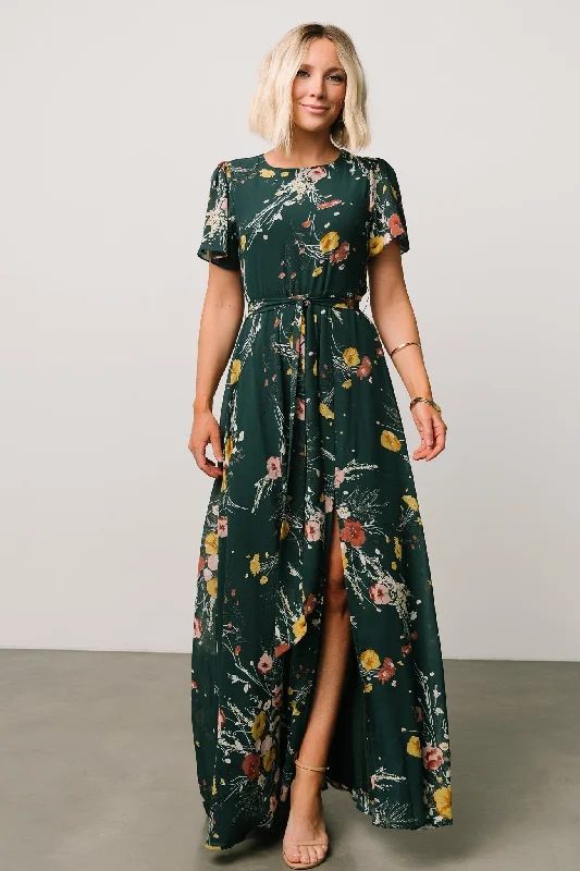 Ruffled Women Dress with Multiple Layers for a Playful and Girly StyleRuffled Women Dress with Multiple Layers for a Playful and Girly StyleNaomi Short Sleeve Maxi Dress | Dark Green Floral