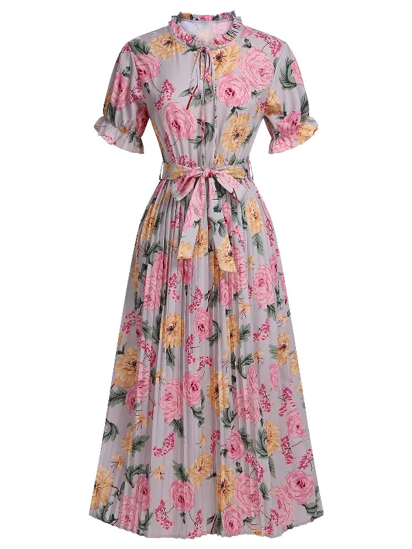 Ball Gown Women Dress with a Full Skirt for a Princess - like LookBall Gown Women Dress with a Full Skirt for a Princess - like LookPink 1930s Floral Bow Tie Pleated Dress