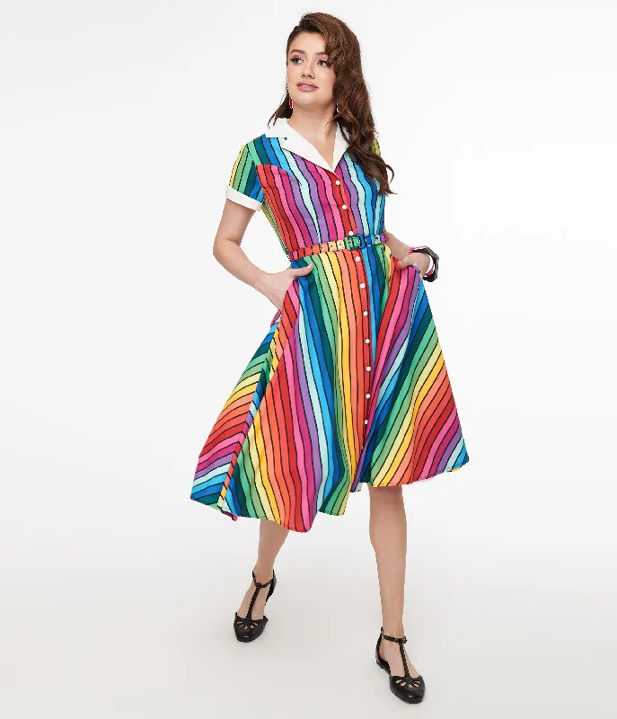 Mermaid - Style Women Dress with a Fitted Silhouette for Special OccasionsMermaid - Style Women Dress with a Fitted Silhouette for Special OccasionsUnique Vintage 1950s Rainbow Stripe Pride Alexis Swing Dress