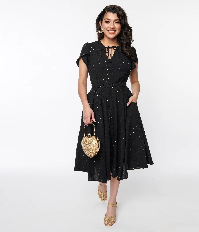 Pleated Women Dress with a Timeless and Elegant TexturePleated Women Dress with a Timeless and Elegant TextureUnique Vintage Black & Gold Clip Dot Dahlia Swing Dress