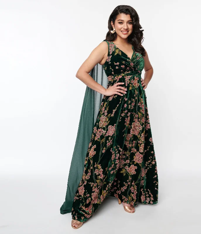 Long - Sleeve Women Dress in Velvet for a Luxurious Winter LookUnique Vintage Emerald & Cherry Blossom Velvet Cape Maxi Dress