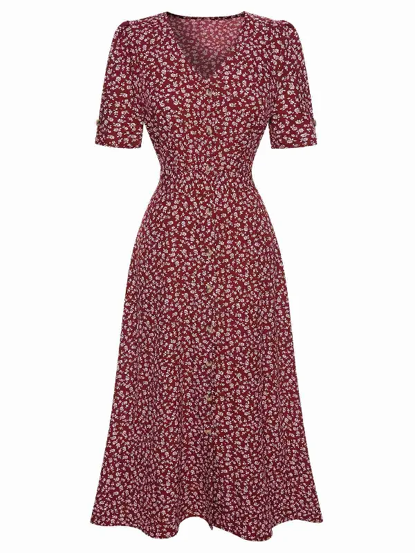 Shift Women Dress with a Simple and Classic Design for Everyday WearWine Red 1940s V-Neck Ditsy Floral Dress