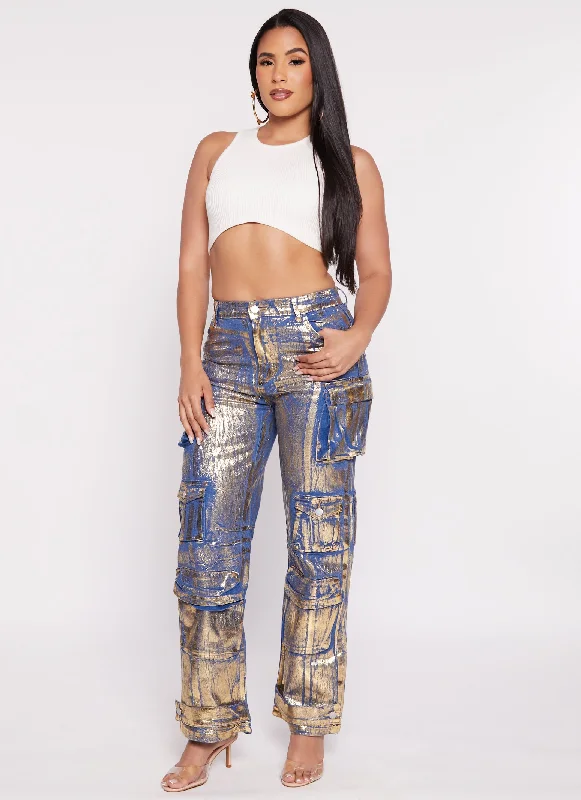 Straight - leg women jeans with a classic and timeless appealDaisy Foil Screen Wide Leg Cargo Jeans