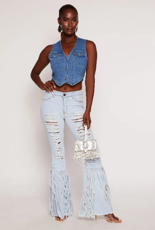 Straight - leg women jeans with a classic and timeless appealDistressed Frayed Fringe Flare Jeans