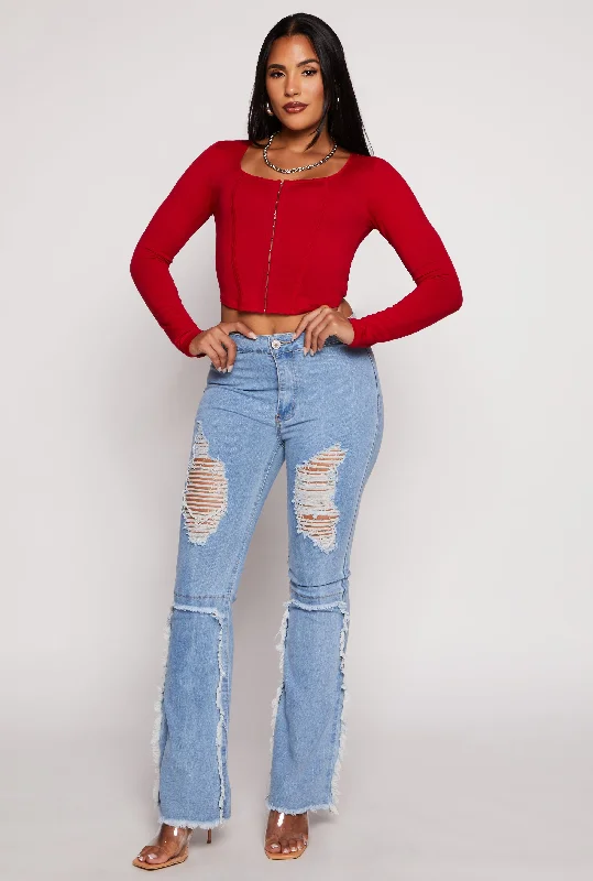 Colored women jeans in vibrant hues like red and yellowFrayed Trim Distressed Boot Cut Jeans