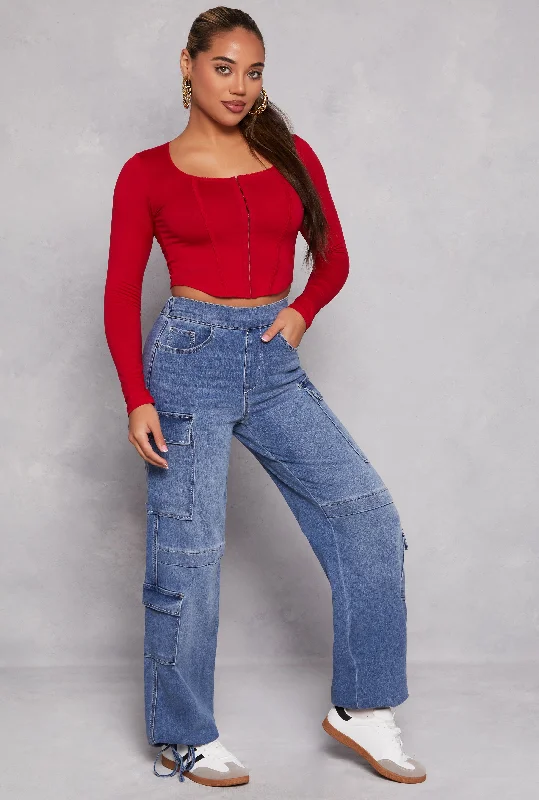 Colored women jeans in vibrant hues like red and yellowAlmost Famous Pull On Wide Leg Cargo Jeans