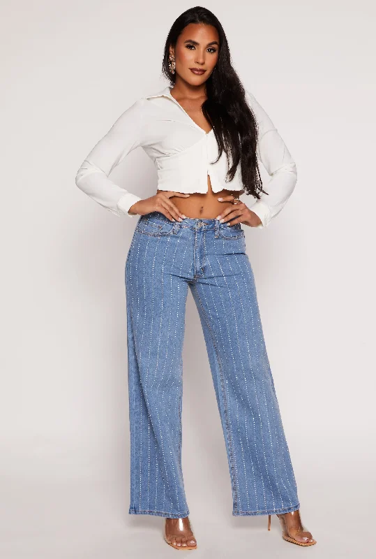 Jeggings women jeans combining the comfort of leggings and style of jeansAlmost Famous Rhinestone Stripe Wide Leg Jeans