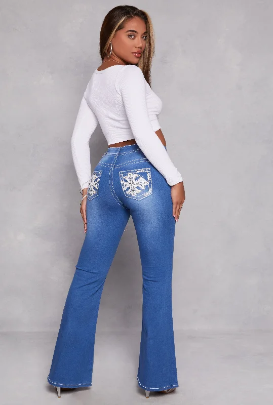 Plus - size women jeans for a comfortable and stylish fitVIP Rhinestone Embroidered Pocket Flare Jeans