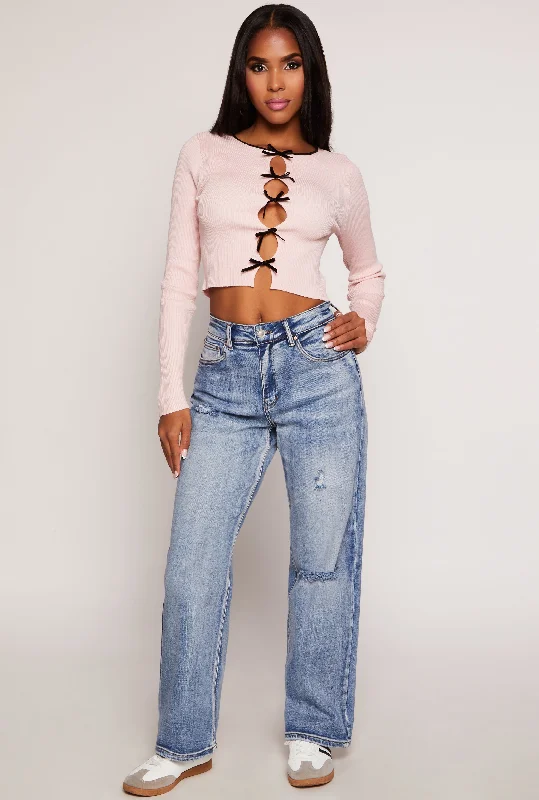 Button - fly women jeans with a traditional touchWAX Distressed Loose Fit Wide Leg Jeans