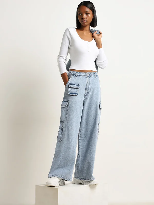 Embroidered women jeans with intricate patternsNuon Light Blue Cargo-Style Mid - Rise Relaxed - Fit Jeans