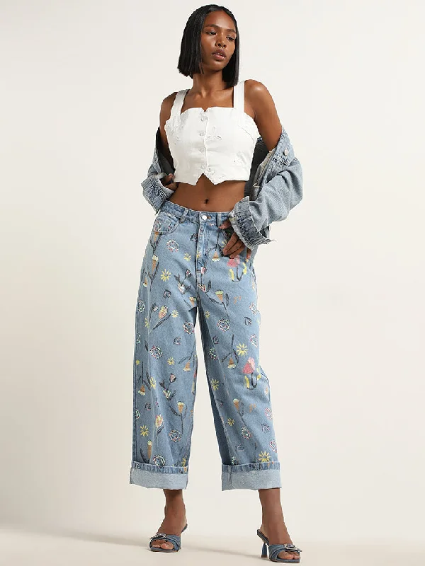 High - waisted women jeans for a flattering silhouetteNuon Light Blue Floral Relaxed - Fit Mid - Rise Jeans