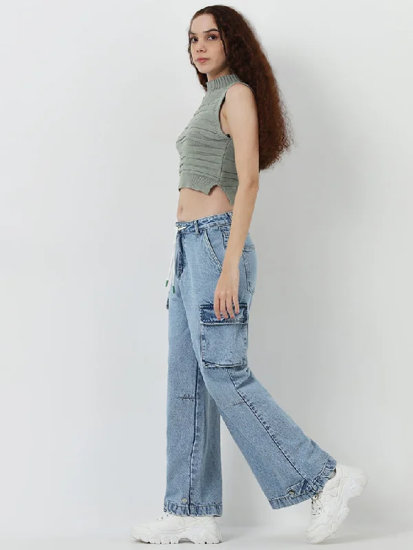 Distressed women jeans for a trendy and edgy lookNuon Light Blue Relaxed - Fit Cargo-Style Mid - Rise Jeans