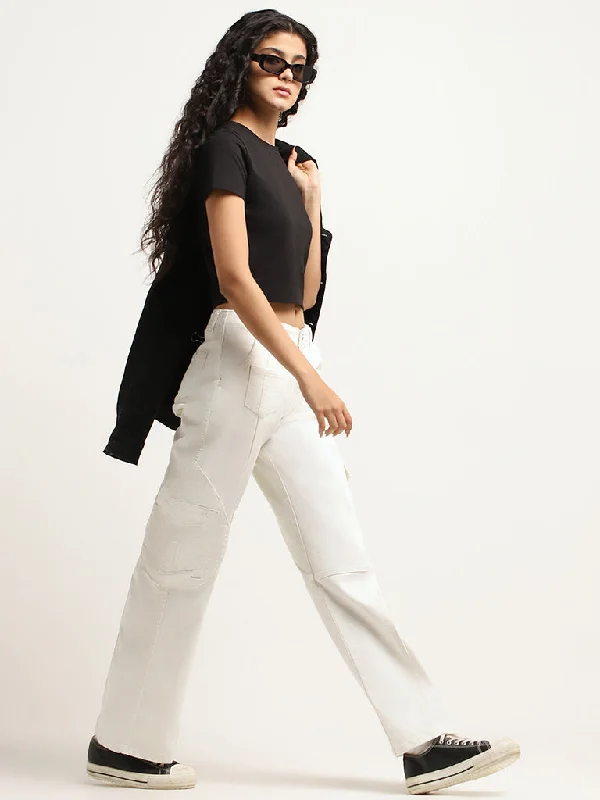 Ripped women jeans for a rebellious and fashion - forward styleNuon White Cargo Wide-Leg Jeans