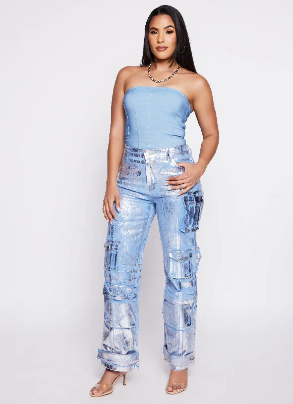 High - waisted women jeans for a flattering silhouetteDaisy Foil Screen Wide Leg Cargo Jeans