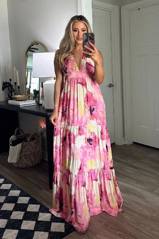 Empire Waist Women Dress to Accentuate the Bust and Conceal the WaistEmpire Waist Women Dress to Accentuate the Bust and Conceal the WaistBeach Days Only Please Watercolor Maxi Dress: Pink Multi