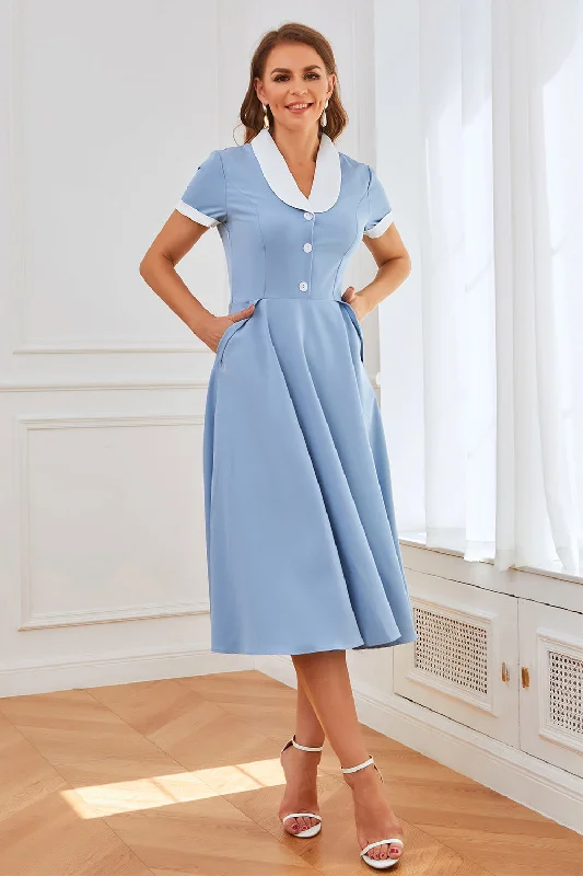 Plus Size Women Dress with a Flattering A - Line Cut for Comfort and StylePlus Size Women Dress with a Flattering A - Line Cut for Comfort and StyleBlue 1950s Swing Dress with Pockets